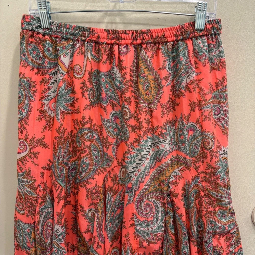 VTG Y2K Mix Nouveau Coral Paisley Boho Fairy Pull-On Maxi Midi Skirt Godet Large